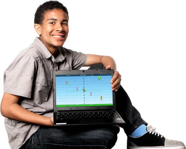 Student holding laptop with sample ST Math screen for ST Math Middle School Math Games